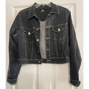 Vintage FUBU Jean Jacket Women’s L Black Cropped Denim Y2K 90s Hip Hop 2000s